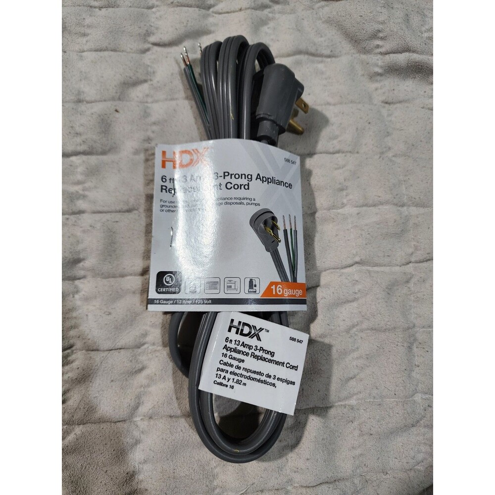 HDX Extension Cord 6 Ft 13 Amp 3 Prong Appliance Replacement Indoor PVC Gray New